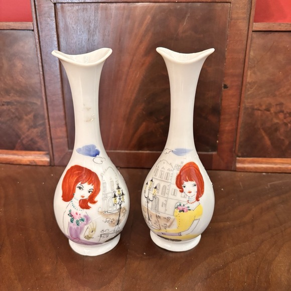 Enesco Other - Vintage Enesco Femme Faire Hand Painted Girl Vases Pair Mid‎ Century 6"